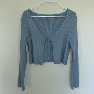 Light Blue Ribbed Knit Tie-Front Top